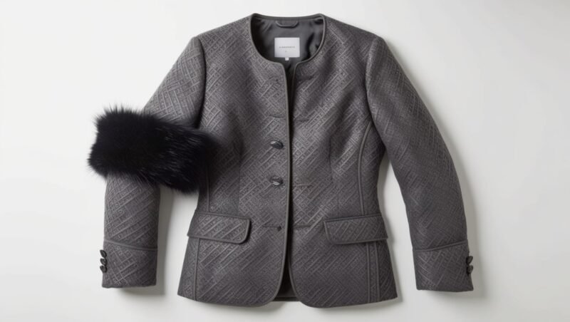 Chico's Faux-Fur Removable Cuff Grey Nordic Inspired Jacquard Jacket