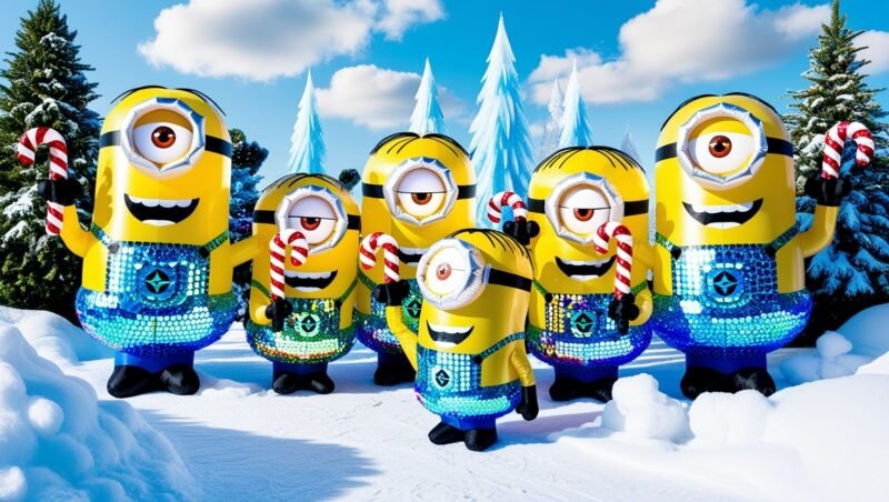 Gemmy 6' Airblown Inflatbale Minions Carrying Candy Cane Scene