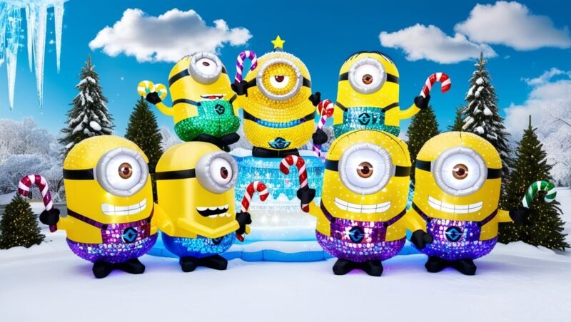 Gemmy 6' Airblown Inflatbale Minions Carrying Candy Cane Scene