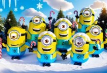 Gemmy 6' Airblown Inflatbale Minions Carrying Candy Cane Scene
