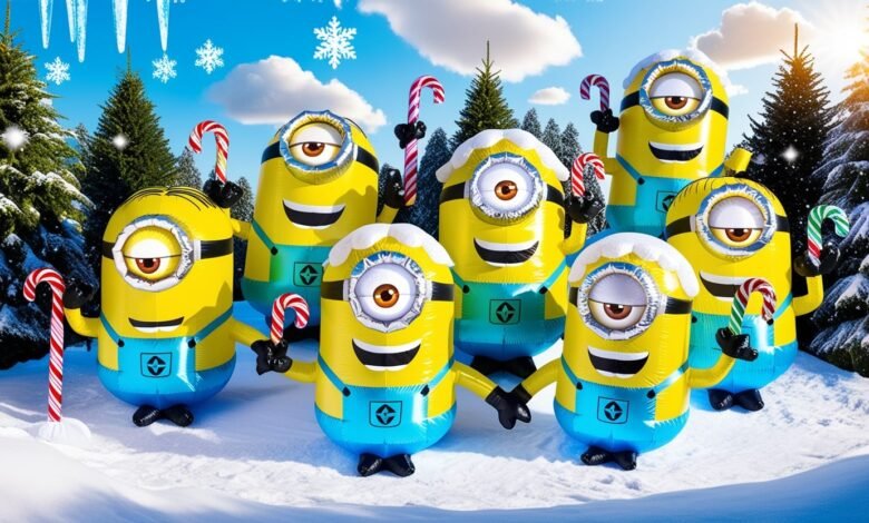 Gemmy 6' Airblown Inflatbale Minions Carrying Candy Cane Scene