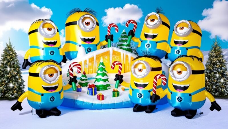 Gemmy 6' Airblown Inflatbale Minions Carrying Candy Cane Scene